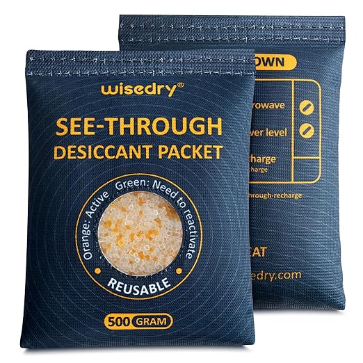 wisedry 2 x 500 Gram See-Through Silica Gel Desiccant Packets, Large Capacity Moisture Absorbers Bags, Color-Indicating Desiccant Packs for Storage, Reusable Gun Safe Dehumidifier by wisedry