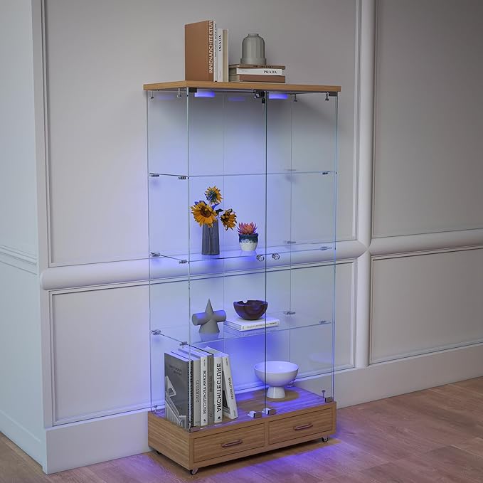 Yoluckea 4-Tier Glass Display Cabinet with LED Lighting and 2 Drawers, 2-Door Floor Standing Curio Cabinet with Wheel for Home, Office, Corner Display,Natural Glass Bookshelf for Collections and Decor - Image 9