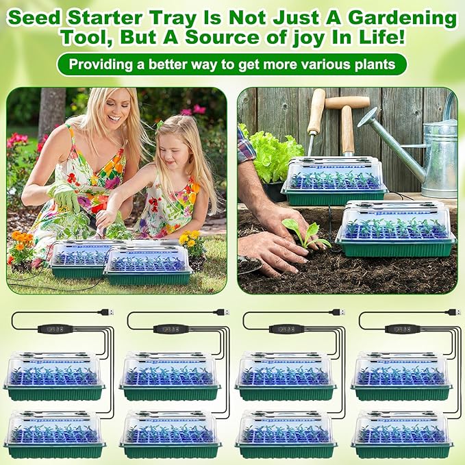 8 Pack Starter Tray with Light, 320 Cells Sprouting Kit Seedling Tray with Humidity Domes, Remote, Timer, Adjustable Light & Gloves, Starter for Indoor Greenhouse - Image 6