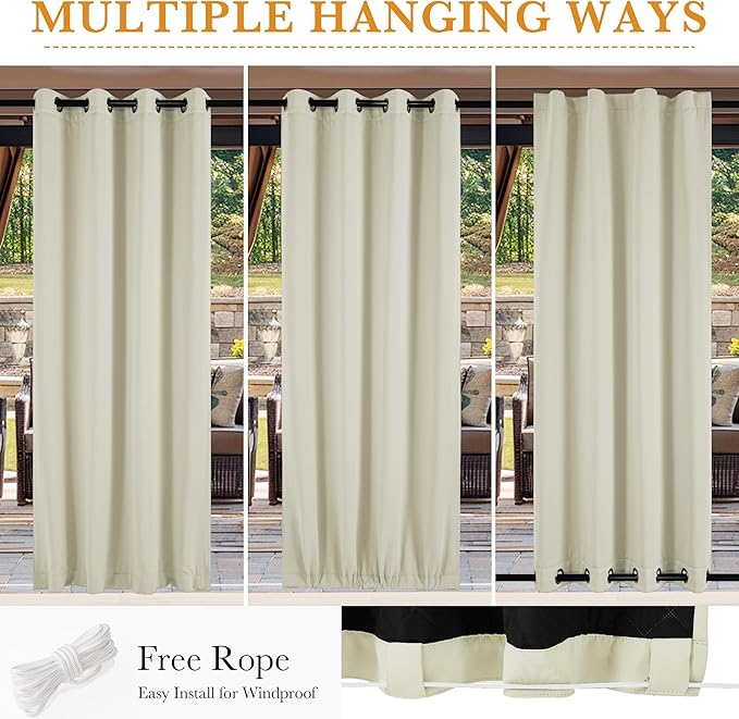 RYB HOME Outdoor/Indoor Thermal Insulated Fade-Resistant Blackout Curtains 84 inches Long with Cotton Interlining for Winter, Waterproof Curtains for Patio Bedroom, W 52 x L 84, Beige, 2 Panels - Image 6