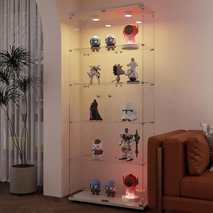 Yoluckea 5-Tier Glass Display Cabinet with Paipai Light, 2-Door Floor Standing Curio Cabinet with Adjustable Floor Feet for Home Office Corner Display, White Glass Bookshelf for Collections and Decor - Image 5
