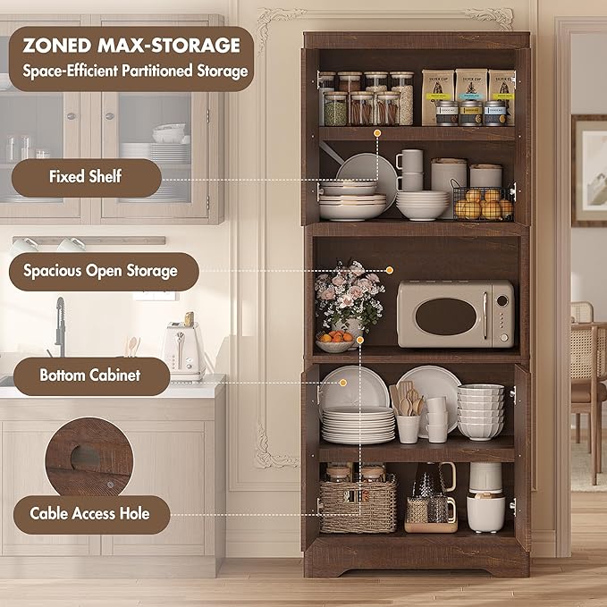 Garvee 72" Tall Pantry Cabinet, Kitchen Hutch Storage Cabinet with Countertop for Microwave, Freestanding Wooden Cupboard with Carved Door & Crystal Handle, for Dining Room, Living Room, Reddish Brown - Image 4