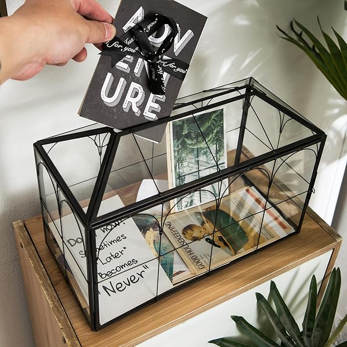 Wedding Card Box with Slot, 12.6'' Large Glass Card Boxes for Reception, Black Geometric Holder, Clear Decorative Storage Box with Lock for Baby Shower, Birthday Party, Christmas - Image 3