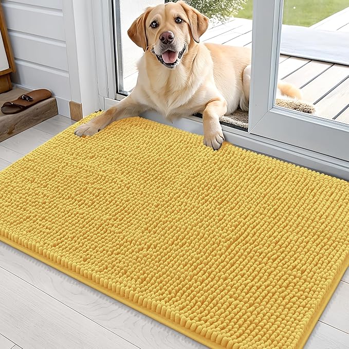 OLANLY Dog Door Mat for Muddy Paws 36x24, Absorbs Moisture and Dirt, Absorbent Non-Slip Washable Doormat, Quick Dry Chenille Mud Mat for Dogs, Entry Indoor Entryway Carpet for Inside Floor, Yellow by OLANLY