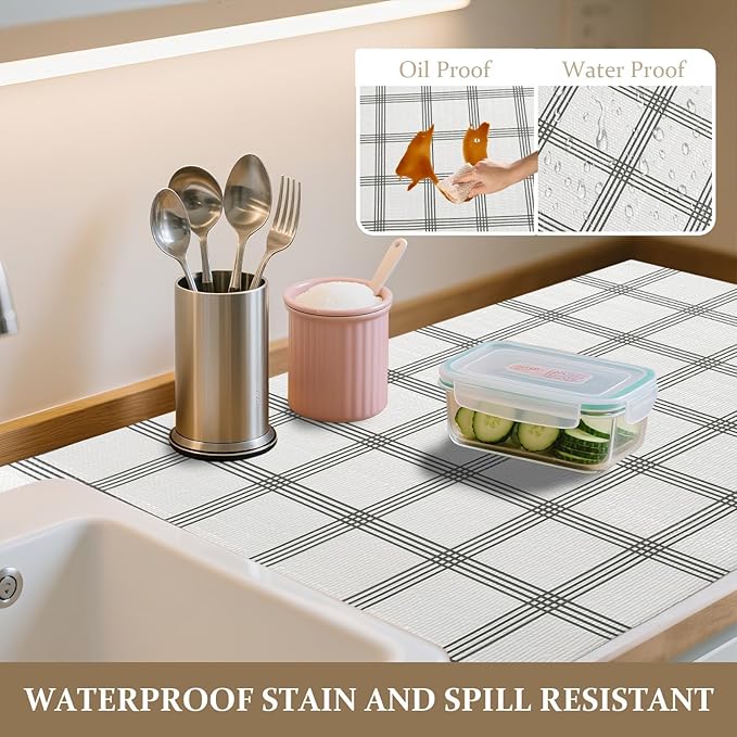 FINNEZ Drawer and Shelf Liner for Kitchen Cabinet Non Adhesive Non Slip 17in x 10FT, Heavy Duty Gripper Cabinet Liners, Waterproof No Residue Easy Cut with Measuring Tape & Cutter Tool (White Stripes) - Image 3