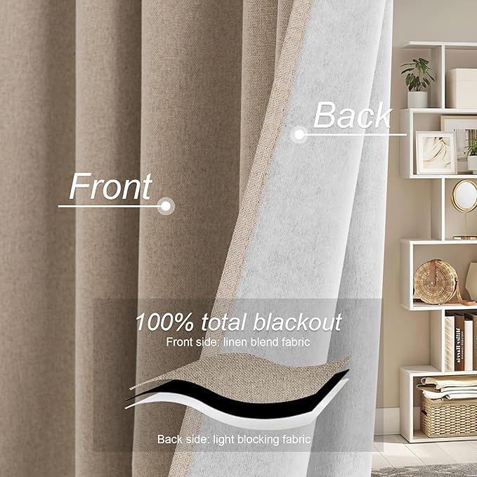 RYB HOME 100% Blackout Flax Linen Curtains, UV Protection Drapes for Bedroom, Rod Pocket & Back Tab UV Protection Drapes, Living Room & Villa Theater, Set of 2, W52 x L108, Mocha - Image 4