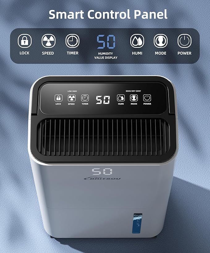BRITSOU 34 Pint Dehumidifier, Smart Dehumidifiers for Home, Basement and Bedroom with 6.56 Ft Drain Hose - Intelligent Humidity Control - Quiet Operation - 3 Modes - Image 3