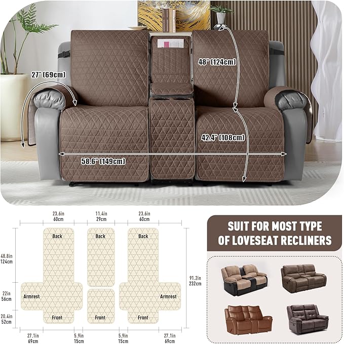 TAOCOCO 100% Waterproof Loveseat Recliner Couch Sofa Covers with Console,Double Reclining Couch Cover Non-Slip Sofa Slipcovers Washable,Furniture Protector Covers for Kids,Pets(2 Seater,Brown) - Image 3