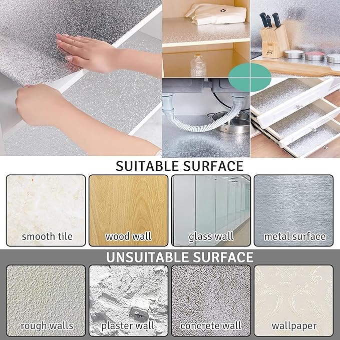 Kitchen Backsplash Wallpaper Peel and Stick Aluminum Foil Contact Paper Self Adhesive Oil-Proof Waterproof Heat Resistant Wall Sticker for Countertop Drawer Liner Shelf Liner(15.7X197 Inches) - Image 6