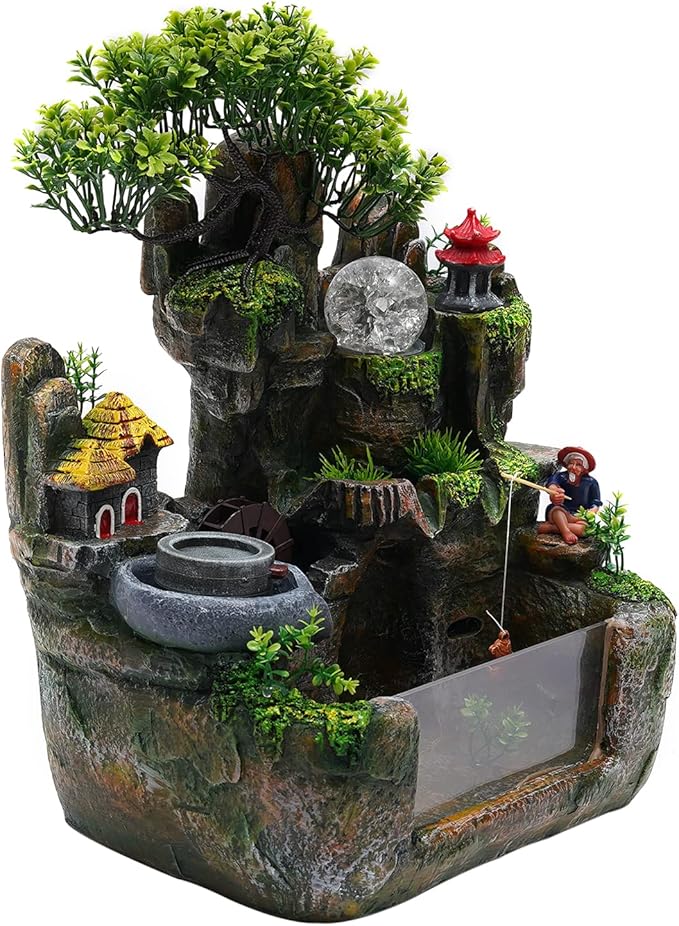 15" LED Desktop Fountain Waterfall Decor, Atomizing Desktop Humidifier w/LED Lights & Atomizer for Office Home Desk Decoration Gift Zen Meditation Resin Rockery Water Fountain Bonsai Bedroom Relax - Image 2
