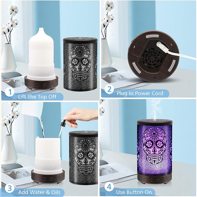 Skull Essential Oil Diffuser, Daroma 100ml Metal Aromatherapy Ultrasonic Cool Mist Humidifier Air Scent Home Office Gift, 7 Colors Changed LED Mood Light, Waterless Auto-Off - Image 7