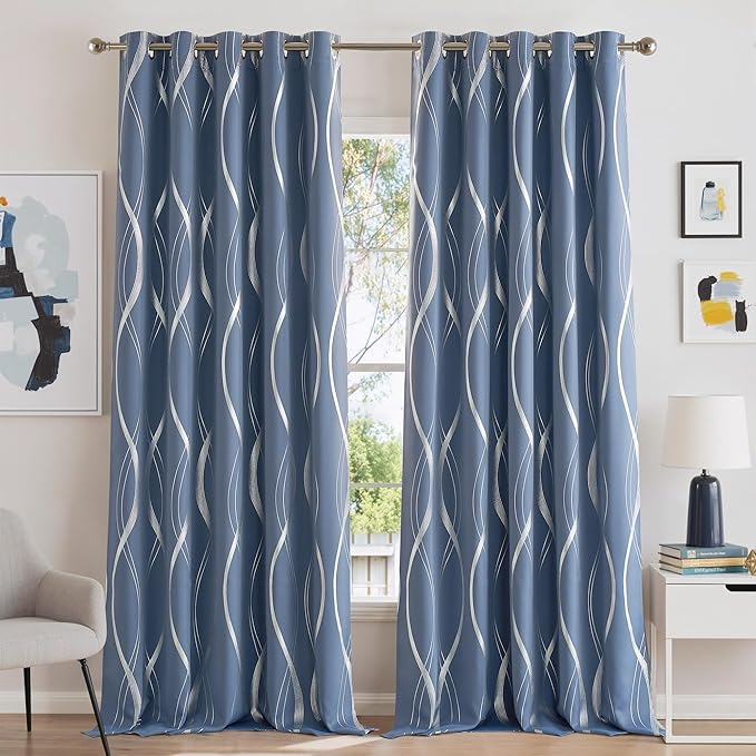 NICETOWN Stone Blue Blackout Living Room Curtain Panels 84 inch Long, W66 x L84, Noise Reducing Thermal Insulated Wave Line Foil Print Design Drapes for Patio Sliding Glass Door, 2 Panels by NICETOWN