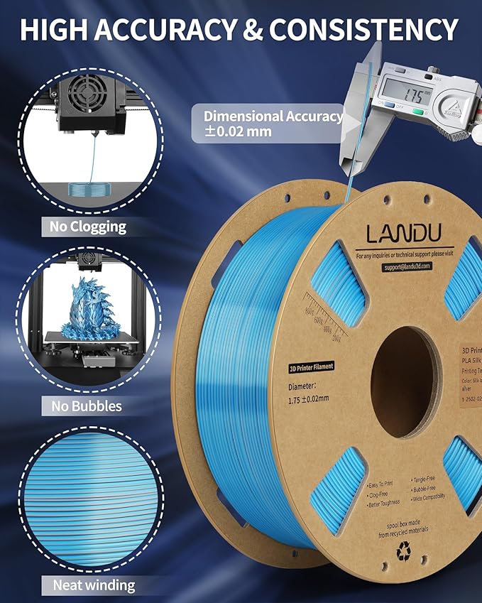 LANDU Silk Dual Color PLA Filament 1.75mm 1KG, 3D Printer Filament Dimensional Accuracy +/- 0.02mm, Coextrusion Filament PLA Shiny Filament Fits for Most FFF 3D Printers,1KG Spool,Blue Silver - Image 5