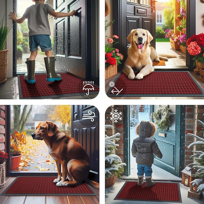 Smiry Front Door Mat Outside Entrance, Heavy Duty Natural Rubber Doormat, Non Slip, Trap Dirt and Moisture, Easy Clean, Low Profile Welcome Floor Mats for Indoor Outdoor Entry, 59x34 Inch, Red - Image 7