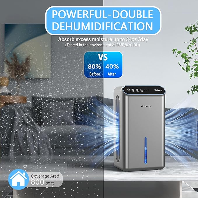 Dehumidifier for Basement (85 OZ, 800 sq ft) Quiet Dehumidifiers for Home, Auto Shut-Off, Sleep Mode, 3 Gear Timer(8H,16H,24H), Small Dehumidifier for Bedroom, Bathroom with Drain Hose(Gray Black) - Image 3
