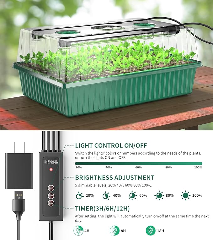 Seed Starter Tray, 120-Cells Seed Starter Kit with Grow Light, 2 Pack Reusable Seeding Starter Trays with Air Vent Humidity Domes for Greenhouse Gardening Indoor Planting Growing (Green Base) - Image 2