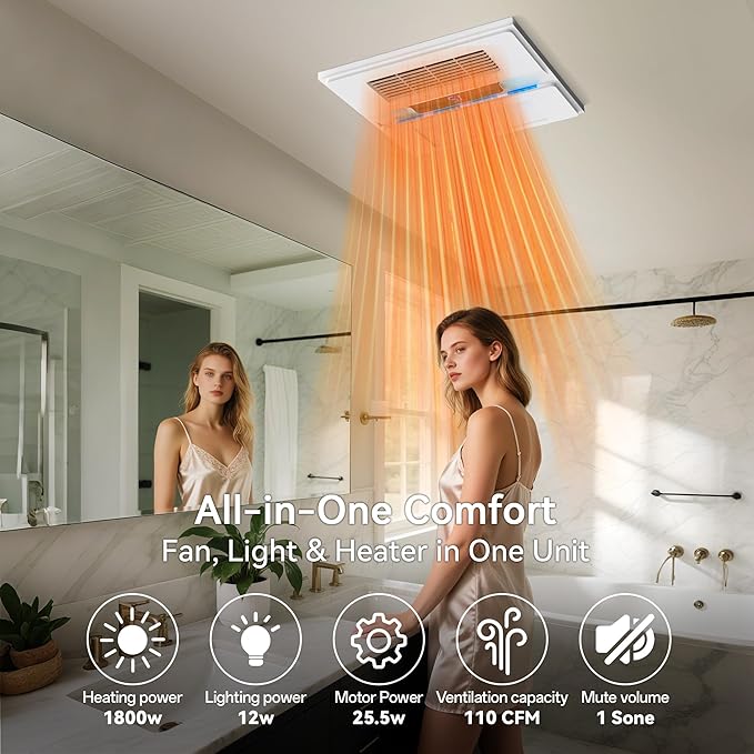 1800W Bathroom Exhaust Fan with Light and Heater, 110 CFM 4-in-1 Ceiling Vent Fan, 1.0 Sone Quiet Operation, 11.2” x 11.2” Ceiling Cutout, 13.8” Grille, 6500K LED Light, Metal Housing - Image 7