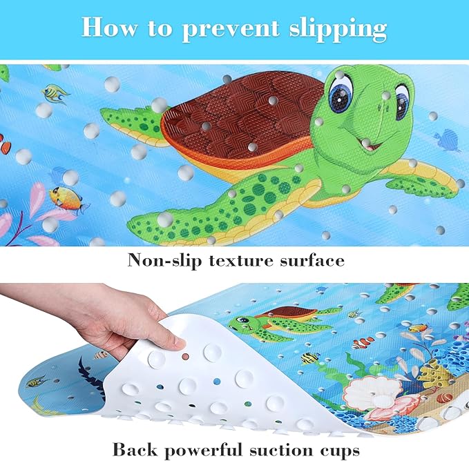 Bath Mat for Tub Non Slip, Machine Washable Anti-Slip Cartoon Baby Bathtub Shower Mat with Drain Holes and Suction Cups for Toddler & Kids, 40 Inch x 16 Inch, Red Turtles - Image 3