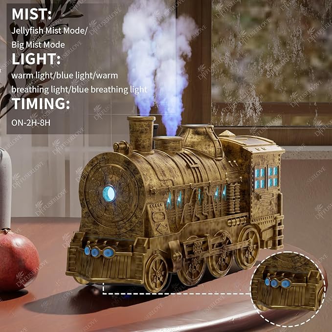 Diffuserlove Essential Oil Diffuser 300ML Train Cool Mist Humidifier Quiet Aromatherapy Diffuser with Night Light for Bedroom Desk - Image 6