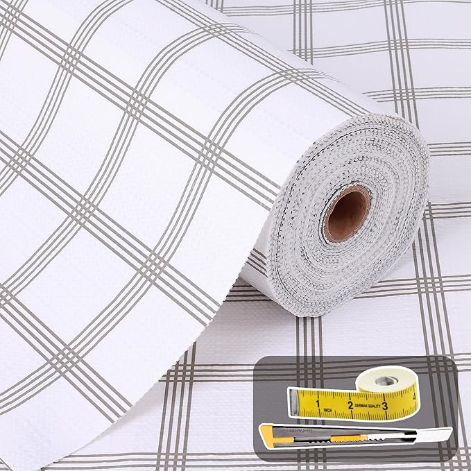 Shelf Liner for Kitchen Cabinets Non Adhesive Drawer Liner Non-Slip Thickened Shelf Liner Paper Strong Easy to Clean for Tool Box Refrigerator with Knife and Tape Measure, White Square, 11.8 x 118 in by Oneoftheworld