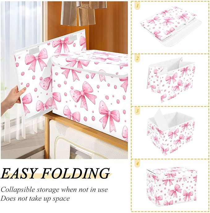 xigua Bows and Polka Dots Storage Bins with Lids and Carrying Handle,Foldable Storage Boxes Organizer Containers Baskets Cube with Cover for Home Bedroom Closet Office - Image 4