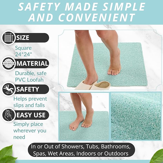 Enkosi Loofah Shower Mat Non Slip – Square Anti Slip Bath Mat for Inside Showers, Bathtub, Tub, Bathroom - Cushioned, Quick Dry PVC with Drain Holes - Secure Grip Safety Pad (Aqua Green 24x24) - Image 3