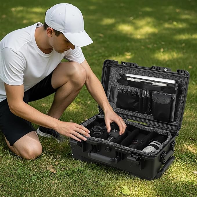 Heavy Duty Waterproof Camera Case for Diving and Outdoor Water Sports – Dustproof, Impact Resistant Dry Box with Padded Dividers, Wheels, 22” x 14” x 9” – Includes Document Bag & Camera Insert - Image 8