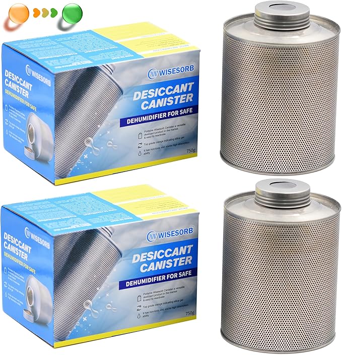 750 Grams Gun Safe Dehumidifier, 2 Pack Reusable Canister Desiccant Dehumidifier, Rechargeable 1.65 Lbs Indicating Silica Gel Orange to Green by Wisesorb