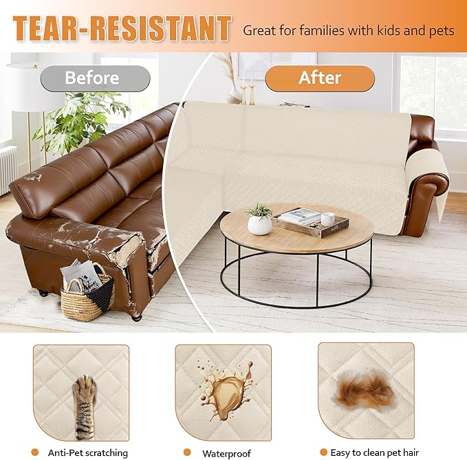 Arfntevss Waterproof Sectional Couch Covers L Shape Washable Velvet Sofa Cover for Sectional Non Slip U Shaped Corner Sofa Slipcover Sets Dog 6 Pcs Universal Furniture Protector (Beige, Small) - Image 7