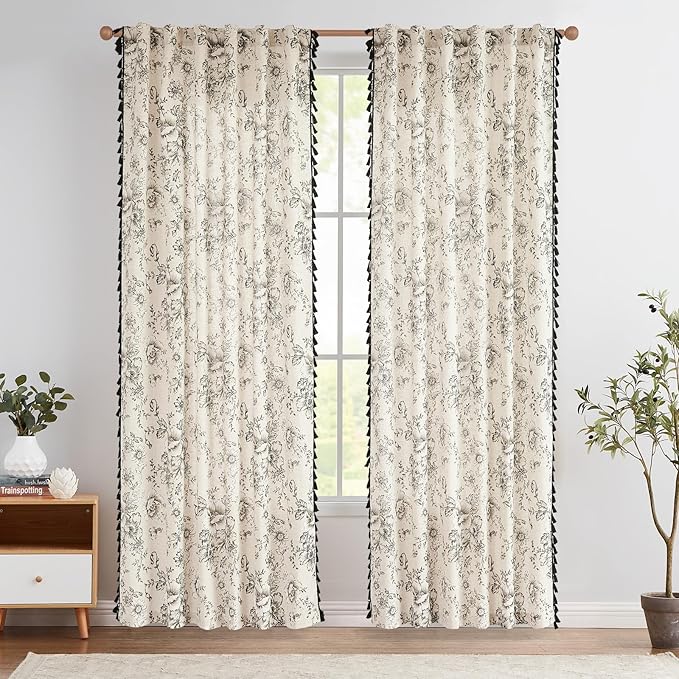 JINCHAN Linen Blend Floral Curtains for Living Room & Bedroom - 84 Inch Long Printed Curtains with Tassels & Rod Pocket - Farmhouse Rustic Peony Flower Patterned Drapes - 2 Panels - Image 2