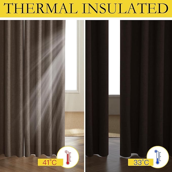 NICETOWN Coffee Vintage Linen 100% Blackout Curtains for Living Room, Thermal Insulated Curtains 90" Long, Noise Reducing Window Treatment Drapes for Home Office, 62" Wide Per Panel, Set of 2 - Image 3