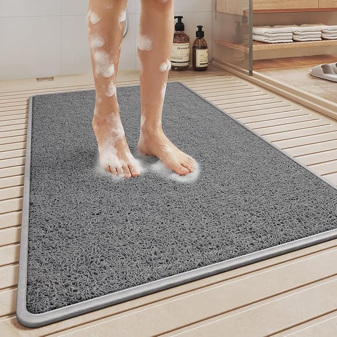 Non Slip Shower Mat Bathtub Mat 20x32 Inch, Quick Dry Bath Mat with Drain, Soft PVC Imitation Loofah Foot Scrubber Bath Mats for Bathroom Tub Shower Floor, Hangable & Hook Included, Gray by QiCaiJia