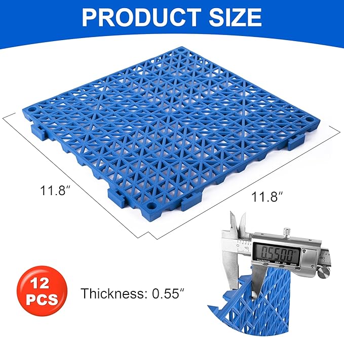 MYFAMIREA Modular Interlocking Cushion 12 Pack 11.8" x 11.8" Rubber Floor Tiles Non-Slip Splicing Drainage Mats for Deck, Pool, Outdoor Shower, Patio, Balcony, Indoor Bathroom, Kitchen, Yard (Blue) - Image 2