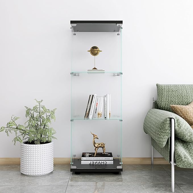 Yoluckea 3 Shelves Glass Display Cabinet with Door,Floor Standing Clear Glass Curio Cabinet Collection Display Case for Living Room Bedroom 49.41”x15.16”x13.58” Black (Quick Assembly) by Yoluckea