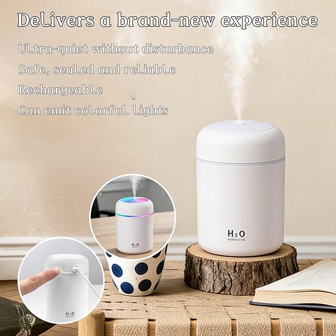 300ml USB Cool Mist Small Humidifier with Colorful Lights,Portable Mini Humidifier, Perfect for Bedroom, Office, Plants, travel & Car, White - Image 5