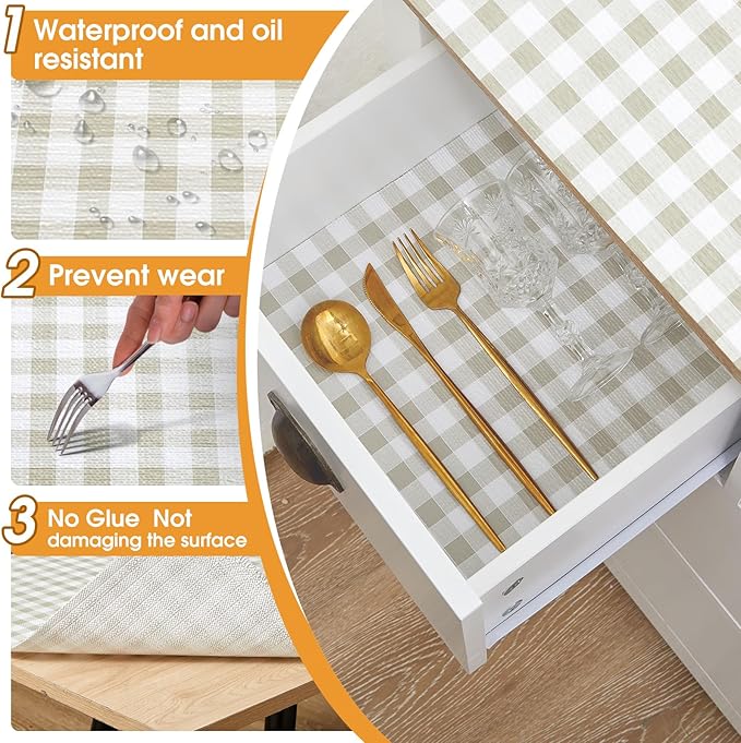 Viseeko Shelf and Drawer Liner for Kitchen Cabinet, Non-Adhesive Cabinet Liners for Shelves, Strong Grip Shelf Paper Non-Slip Waterproof Easy to Cut for Dresser Cupboard, Green Grid, 12 in x 20 ft - Image 5