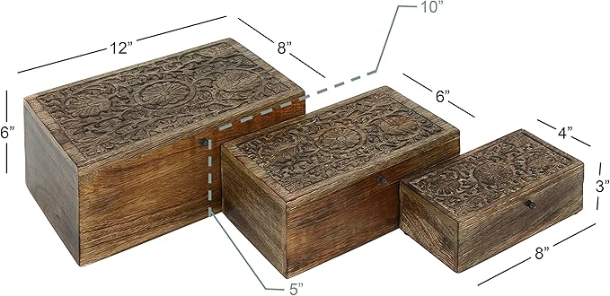 Deco 79 Mango Wood Floral Handmade Decorative Box Decorative Keepsake Boxes with Hinged Lid, Set of 3 Storage Boxes 8", 10", 12"W, Brown - Image 6