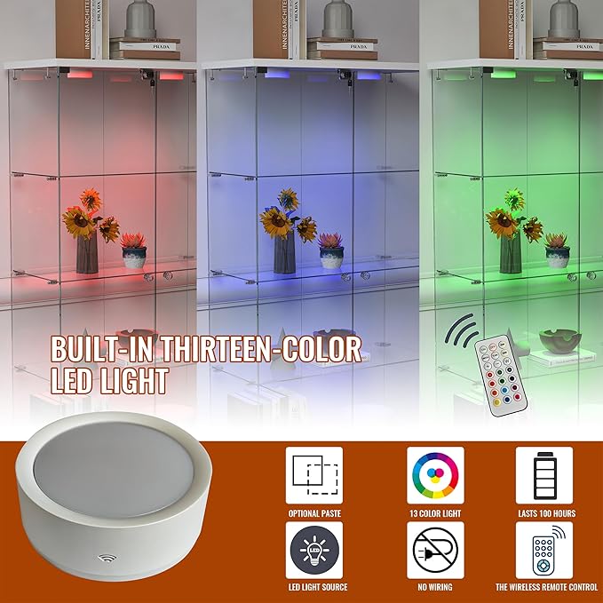 Yoluckea 4 Tier Glass Display Cabinet with LED Lighting and 2 Drawers, 2 Doors Floor Standing Curio Cabinet with Wheel for Home, Office, Corner Display, White Glass Bookshelf for Collections and Decor - Image 3