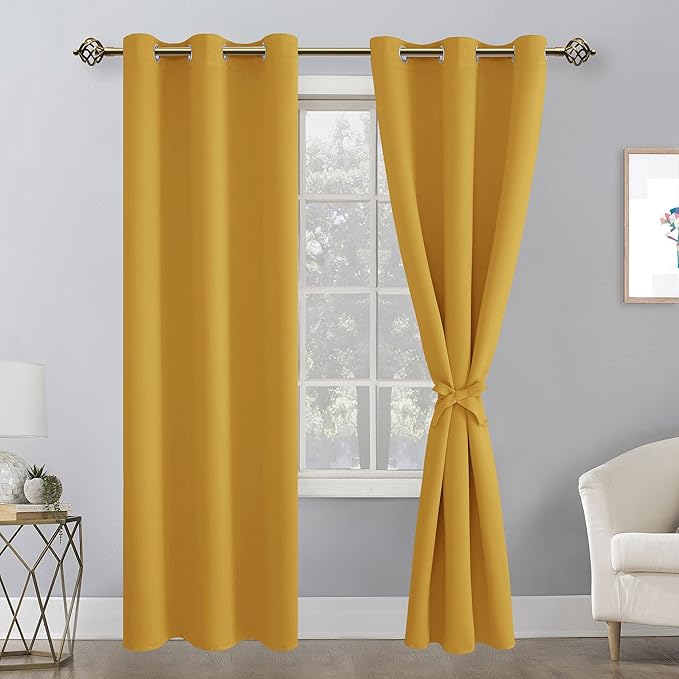 Hiasan Blackout Curtains for Bedroom, 42 x 84 Inches Long - Thermal Insulated & Light Blocking Window Curtains for Living Room, 2 Drape Panels Sewn with Tiebacks, Mustard Yellow - Image 7