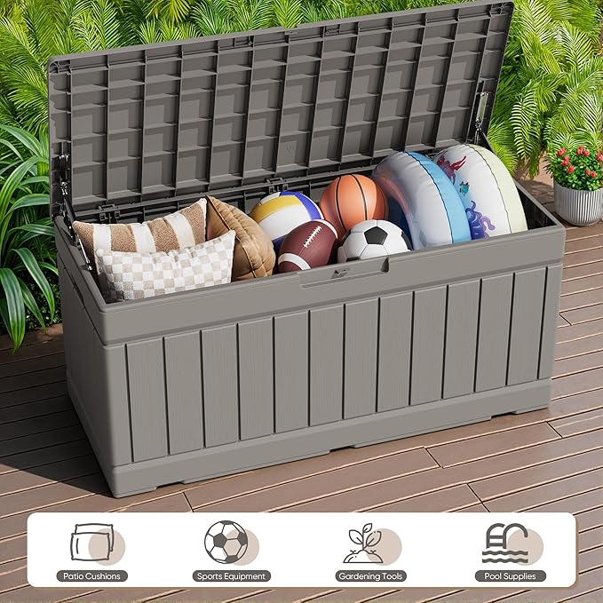 JUMMICO 78 Gallon Outdoor Deck Box Large Resin Storage Box for Patio Furniture Cushions and Garden Tools (Light Brown) - Image 3