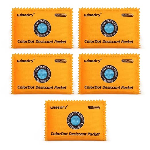 wisedry 100g [5 Packs] Reusable Desiccant Packs for Storage, Rechargeable Color Indicating Silica Gel Desiccant Packets, Moisture Absorbers for Storage Bins, Suitcase, Safe, 3D Filaments, Electronics by wisedry
