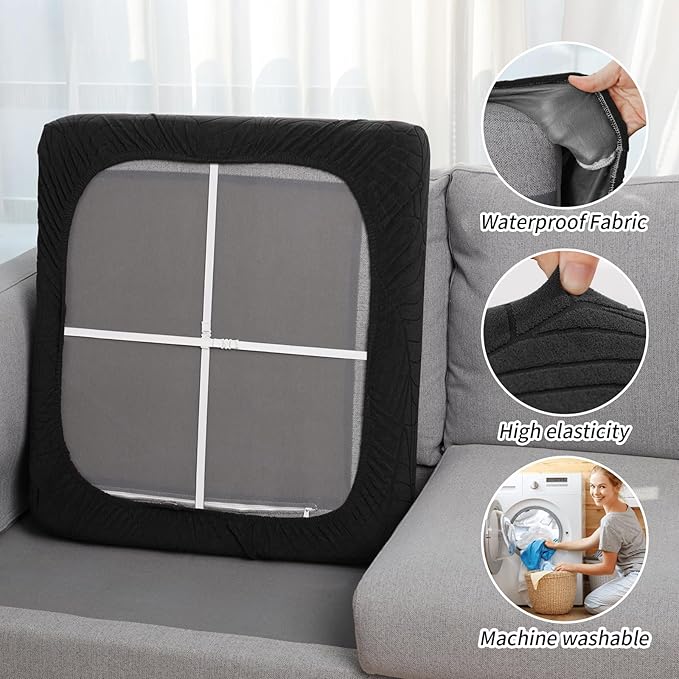 Fuloon Waterproof Couch Cushion Covers, Stretch Replacement Sofa Seat Covers Solid Chair Cushion Slipcovers Washable Suitable for Armchair Loveseat Sofa (T-Black, 1 Piece) - Image 4