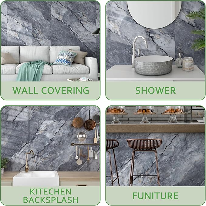 Marble Peel and Stick Waterproof Wall Paneling, 118" x 47" Pietra Grey Glossy Finish Self-Adhesive Backsplash Tile Vinyl Wall Panel for Kitchen Bathroom Wall Decor, Covers 38.75 Sq. Ft. - Image 5