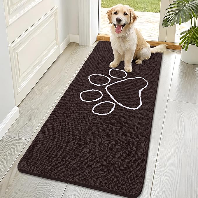 OLANLY Dog Door Mat for Muddy Paws 70x32, Paw Print Design, Absorbs Moisture and Dirt, Absorbent Non-Slip Washable Doormat, Quick Dry Chenille Mud Mat for Dogs, Entry Indoor Entryway Carpet, Brown by OLANLY