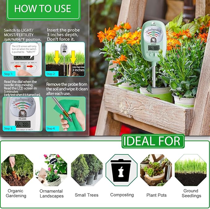 HSLGOVE Soil Test Kit, 7-in-One Soil Moisture Meter/Soil PH Meter/Fertility, Dual Screen Soil Tester w/Digital Soil Temp/Air Temp&Humidity for Plants Gardening,Lawn,Farm Indoor&Outdoor-Blue Green - Image 4