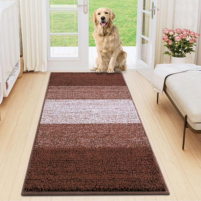 Smiry Dog Door Mat for Muddy Paws, Absorbs Moisture and Dirt, Low-Profile Entryway Mat with Non-Slip Backing, Entry Indoor Outdoor Doormat for Inside Floor (47x20 Inches, Brown, Striped) by Smiry