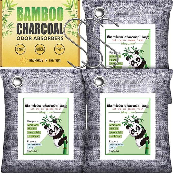 Activated Charcoal Odor Absorber for Strong Odor, Basement, Cars, Closets, Shoes, Smoke. 3 Pack Bamboo Charcoal Air Purifying Bags Deodorizer Odor Eliminator for Home by Mayunuo