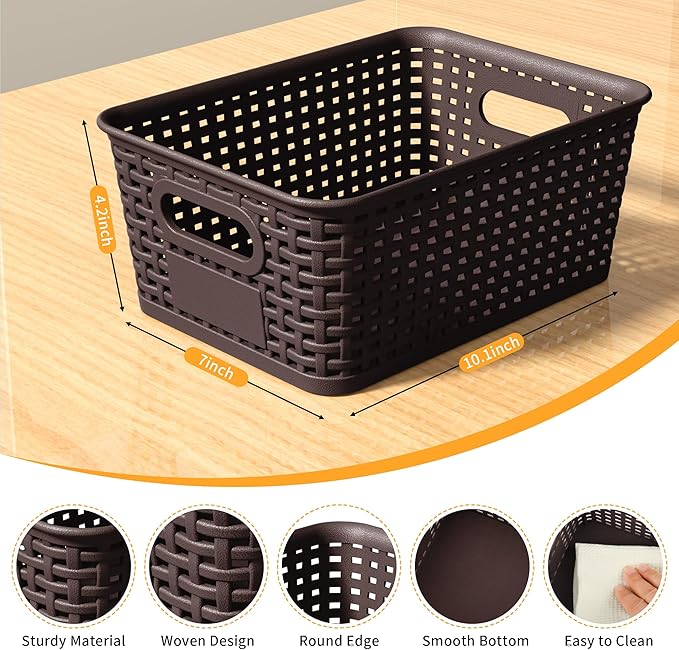 Brown Plastic Storage Baskets - Pack of 8 with Labels Stackable Durable Storage Bins, Storage Containers for Organizing Desktops, Closets, Playrooms, Classrooms, Offices - Image 2