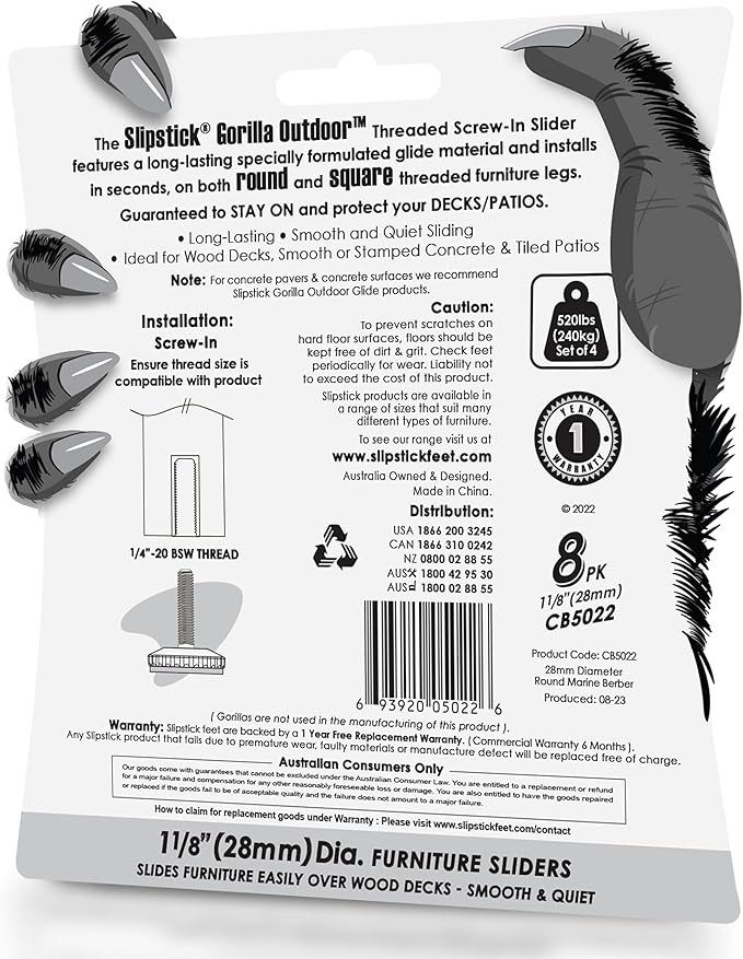Slipstick Gorilla Outdoor Adjustable Furniture Levelers (8 Pack) Weatherproof Screw in Leg Glides for Chairs, Tables, and Outdoor Furniture Feet, 1-1/8 Inch Slider Glide, 1/4"-20 BSW Thread - Image 8