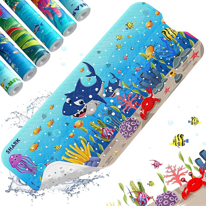 XIYUNTE Baby Bath Mat for Tub Non Slip Kids Bath Mat - 40''x16'' Extra Long Cartoon Bathtub Mat Non Slip Kids Shower Mat Eco-Friendly Toddler Bath Mats with Suction Cups, Machine Washable, Shark by XIYUNTE